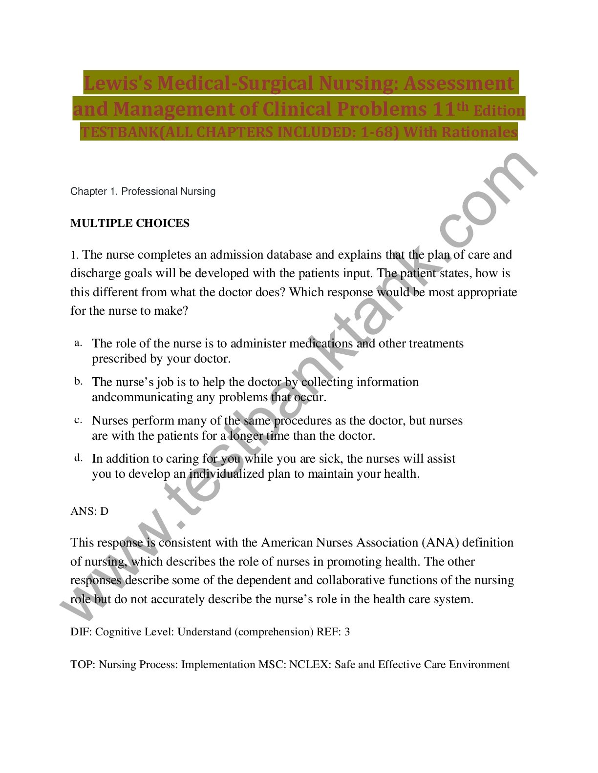 Preview image for Lewis's Medical-Surgical Nursing: Assessment and Management of Clinical Problems 11th Edition TESTBANK(ALL CHAPTERS INCLUDED: 1-68) With Rationales